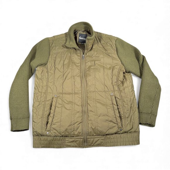 Guess Jacket Adult EXTRA LARGE Green Quilted Sweater Sleeve Bomber Military Army - Picture 1 of 10